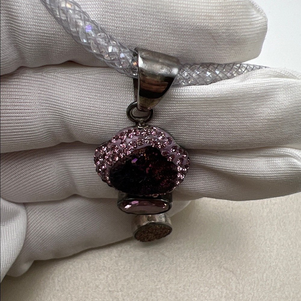 Elegant Drusy, Titanium & Rose Quartz Iridescent Crystal Mesh Tube Necklace NIB - Picture 14 of 17